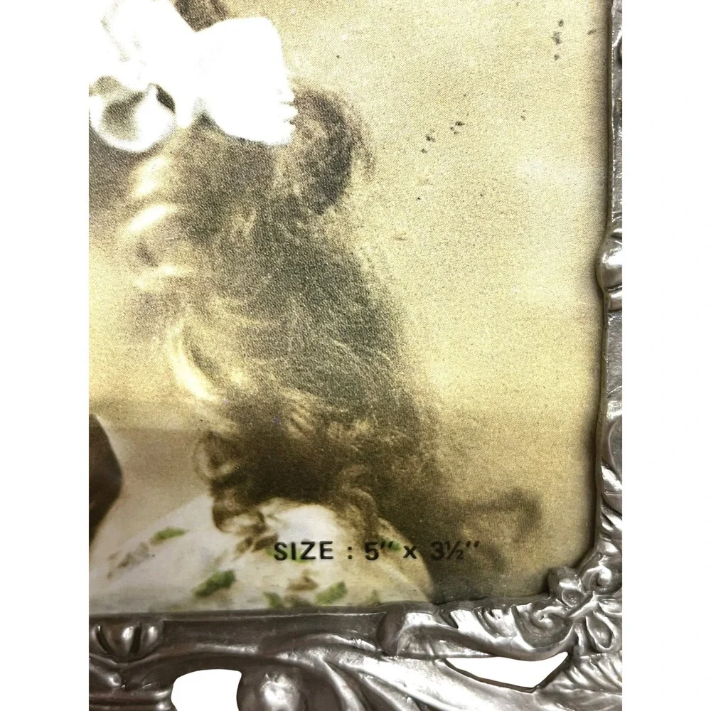 Vintage Ornate Angel Cherub Photo Frame Pewter Silver Victorian Style Tabletop